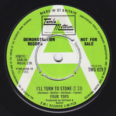 TMG 829 - FOUR TOPS I'll Turn To Stone UK DEMO 45 Tamla Motown w/ PRESS RELEASE