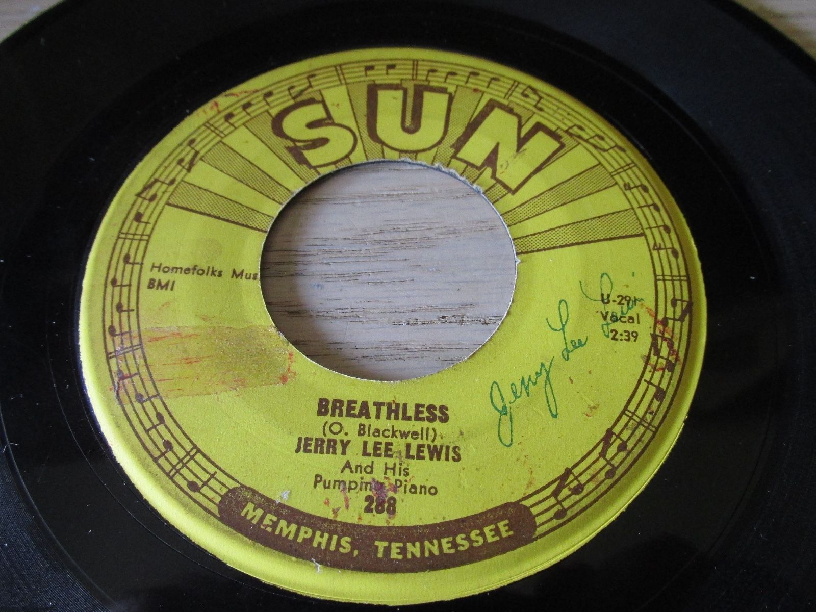  - JERRY LEE LEWIS BREATHLESS RARE 1958 HAND SIGNED 45 BEECH NUT  GUM PROMO Sun 288 - auction details