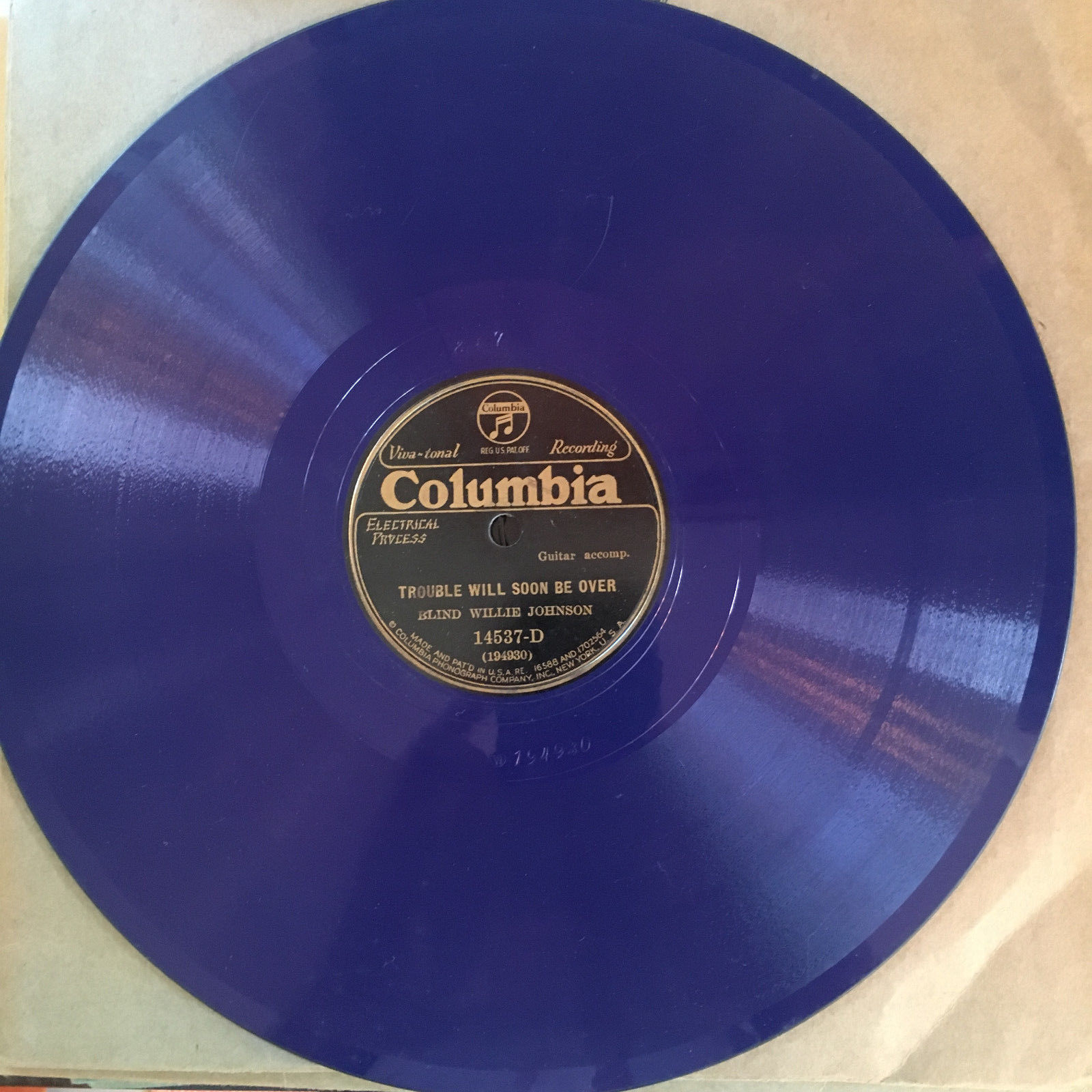 Columbia 14537D Blind Willie Johnson RAIN DON'T FALL EE+  78 rpm blue shellac