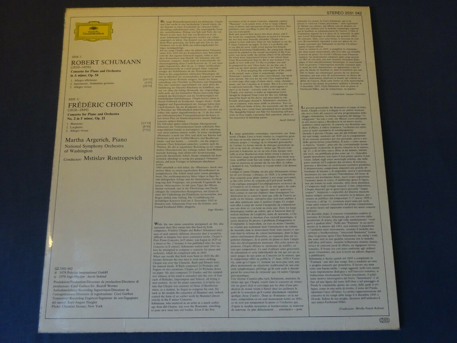 Pic 1 NM SCHUMANN / CHOPIN - PIANO CONCERTOS LP, Argerich, Rostropovich, DG 2531 042