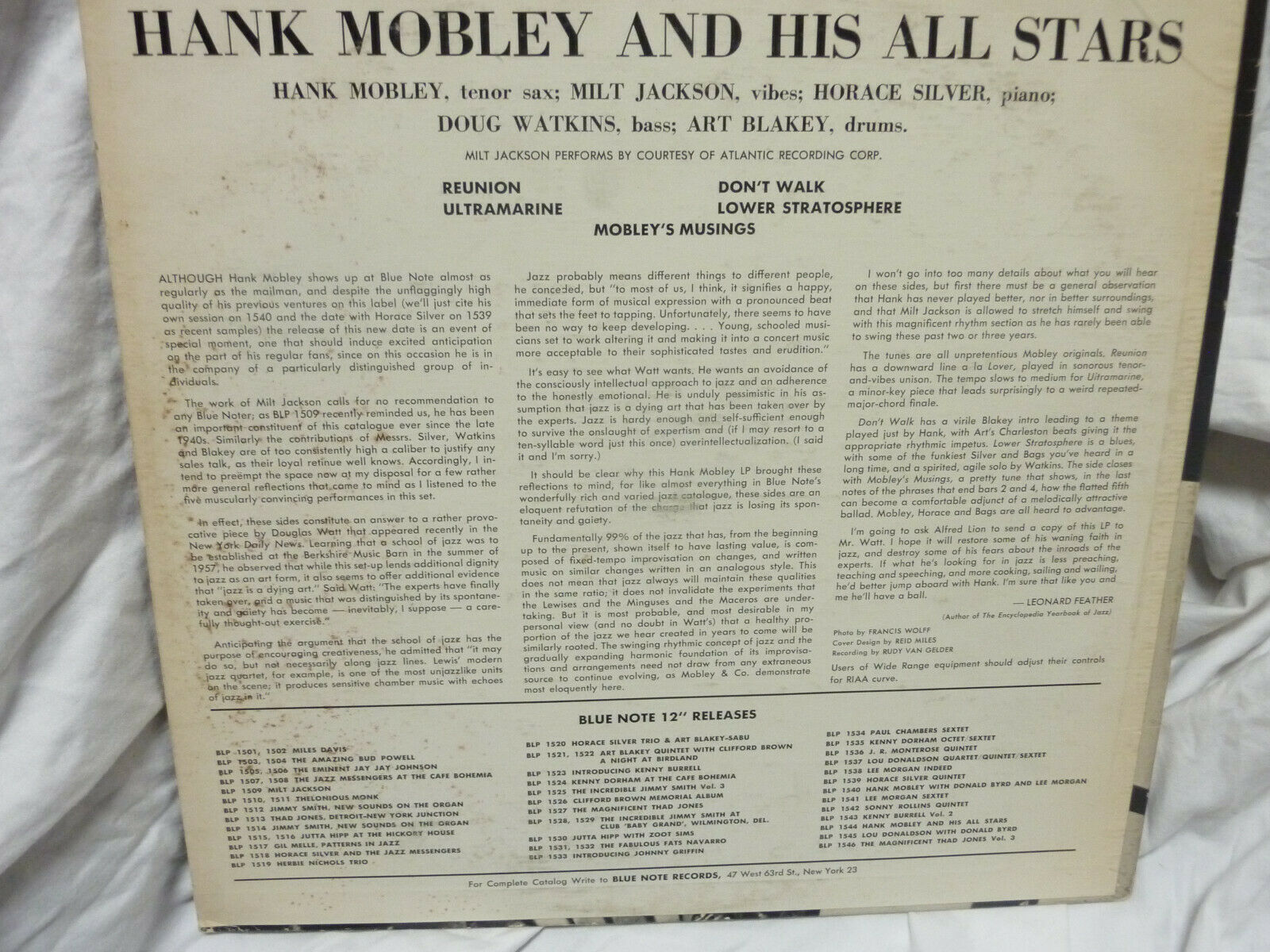 Pic 3 Hank Mobley -and his all stars- BLUE NOTE  1544, W 63RD,DG, RVG,Ear  9M