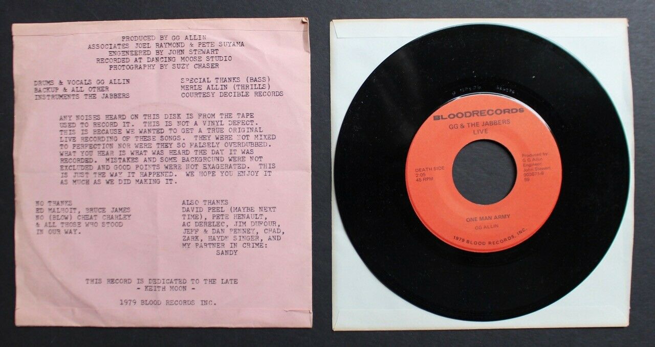Pic 1 GG Allin G G Allin Orig Private Label Pic Sleeve 45rpm Dagger Sleeve 1979