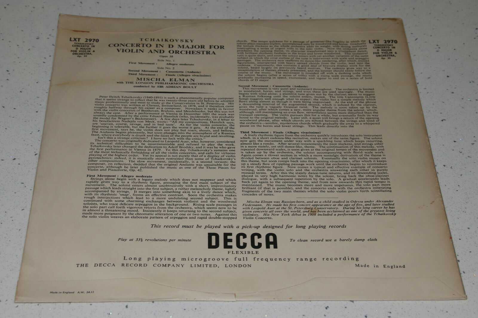 Pic 3 Decca LXT 2970 Mischa Elman Tchaikovsky Violin Concerto 1954 ED1 STUNNING NM